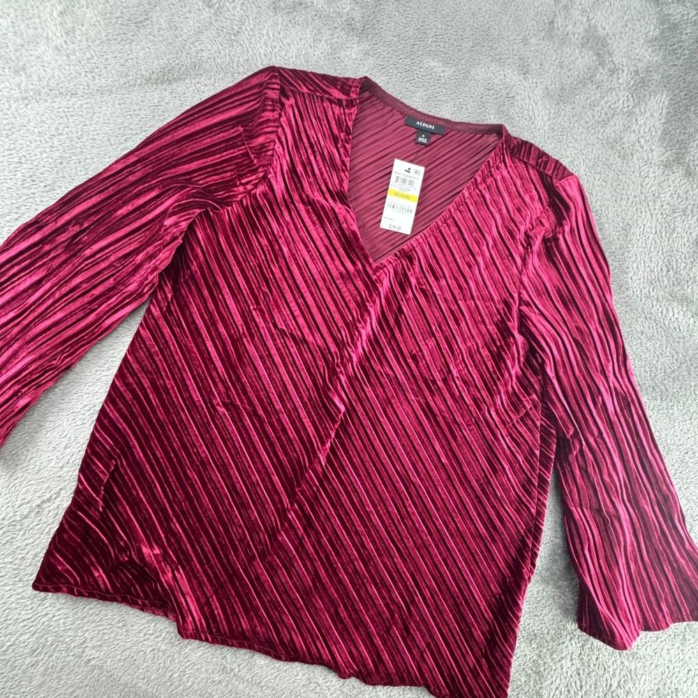 Alfani Mod Shimmer V-Neck Pleated Velvet Top Women M Malbec Burgundy NWT